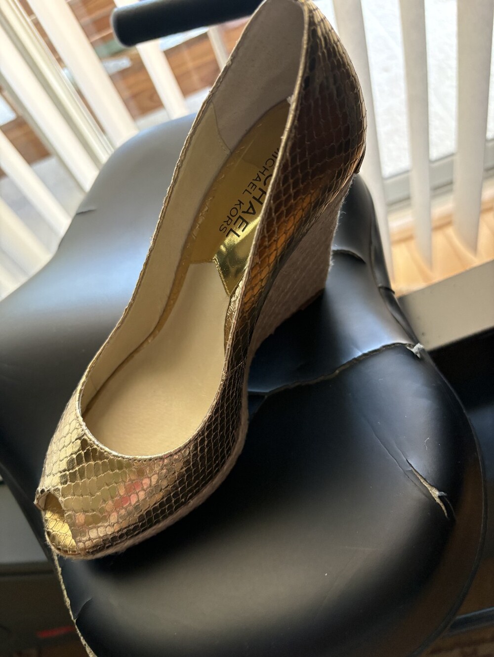 Michael Kors Gold Snake-Print Wedge Peep-Toe Shoe